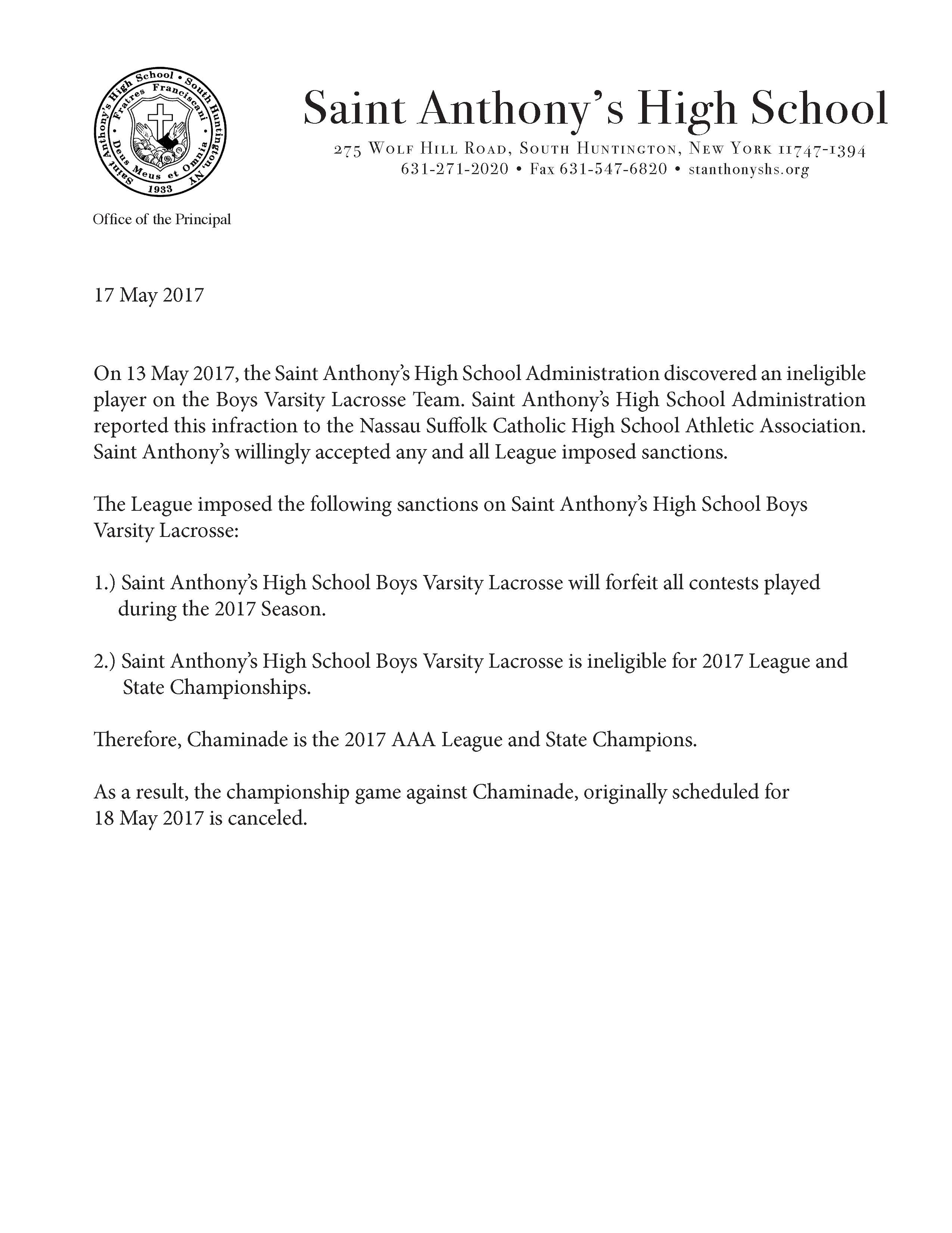 Varsity Lacrosse Announcement - St. Anthony's High School Varsity Lacrosse Announcement - St. Anthony's High School