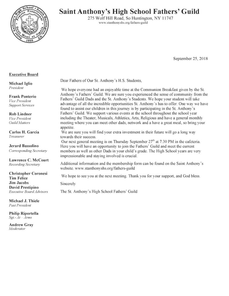 2018 fg welcome letter st anthony s high school school welcome letter