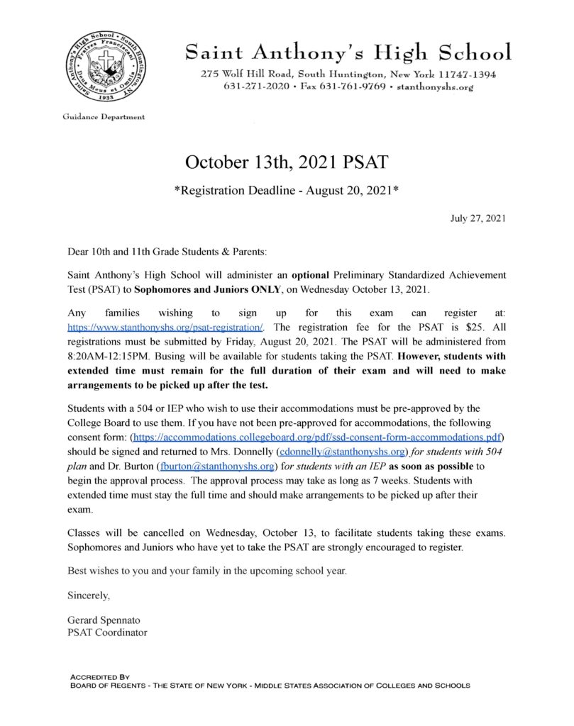 PSAT Registration St. Anthony's High School