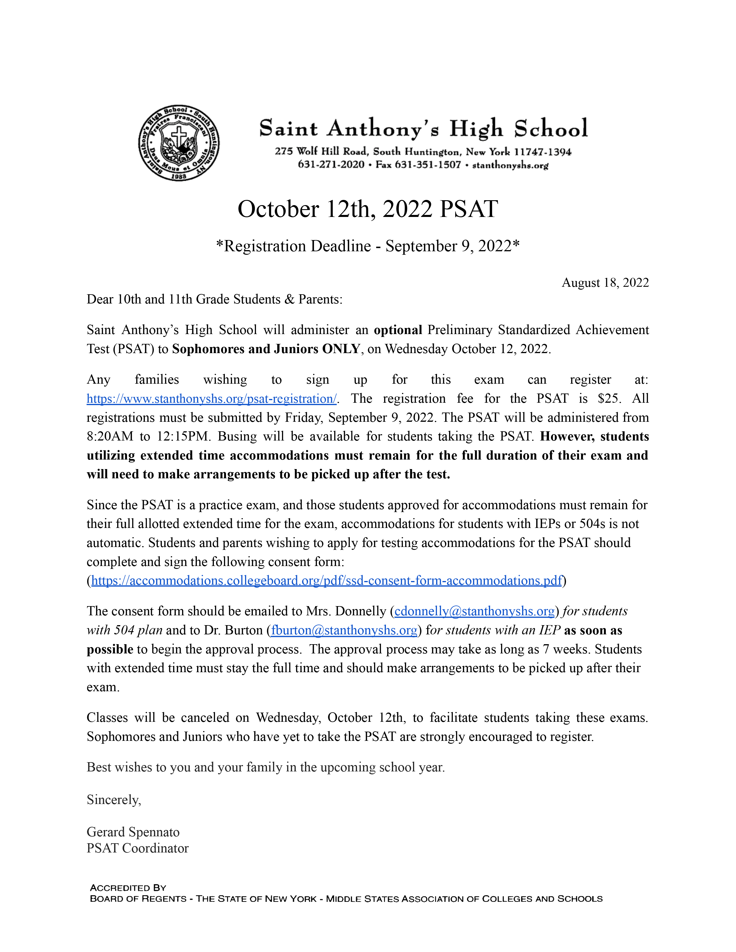 PSAT Registration St. Anthony's High School